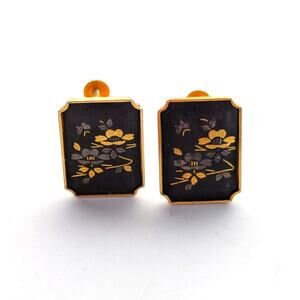 Vintage Amita Japanese Damascene Floral Gold Screwback Clip On Earrings